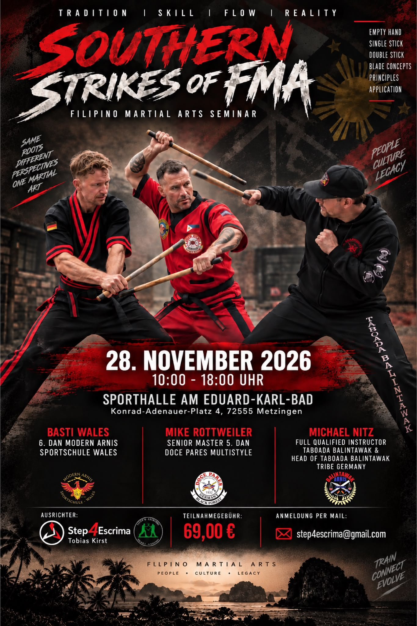 Flyer Southern Strikes of FMA – Filipino Martial Arts Seminar am 28. November 2026 in Metzingen