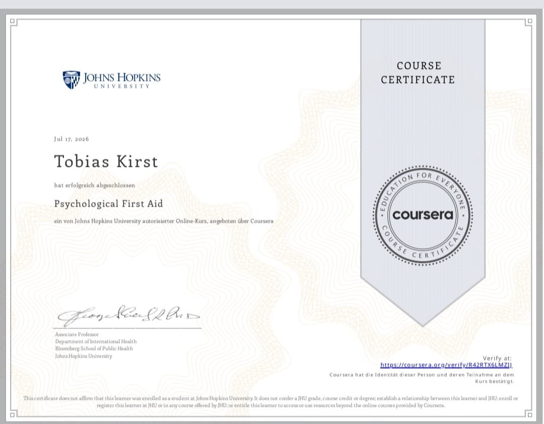 Zertifikat Psychological First Aid – Johns Hopkins University, Tobias Kirst